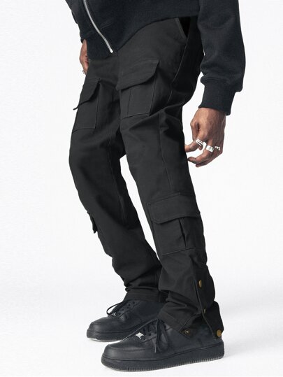 Men Flap Pocket Button Hem Cargo Pants