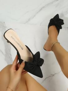 Bow Decor Point Toe Heeled Mule Pumps - Black - View 1