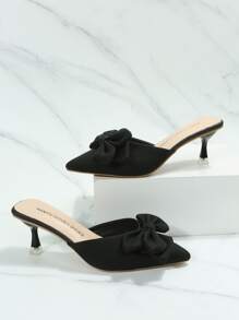 Bow Decor Point Toe Heeled Mule Pumps - Black - View 5