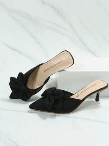 Bow Decor Point Toe Heeled Mule Pumps - Black - View 6