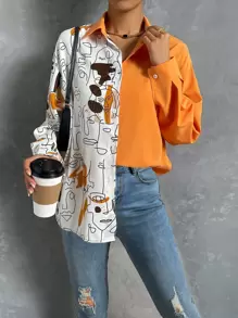 SHEIN Unity Colorblock Figure Graphic Shirt Fall Cloth For Women - Burnt Orange - View 2