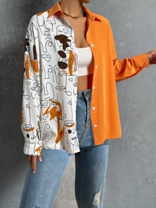 SHEIN Unity Colorblock Figure Graphic Shirt Fall Cloth For Women - Burnt Orange - View 5