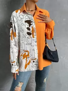 SHEIN Unity Colorblock Figure Graphic Shirt Fall Cloth For Women - Burnt Orange - View 6