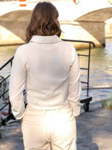 RueChic Drawstring Front Crop Blouse - White - View 2