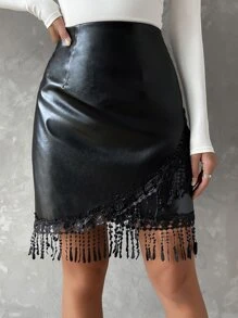 Fringe Trim PU Leather Skirt - Black - View 1