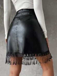 Fringe Trim PU Leather Skirt - Black - View 4