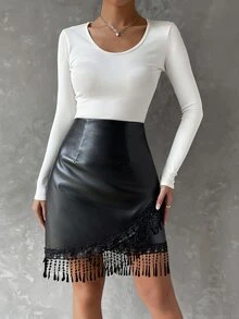 Fringe Trim PU Leather Skirt - Black - View 5