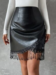 Fringe Trim PU Leather Skirt - Black - View 3