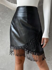 Fringe Trim PU Leather Skirt - Black - View 6