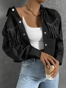 SHEIN Unity Rhinestone Fringe Trim Crop Jacket Fall Winter Cloth For Women