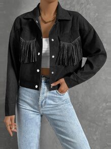 SHEIN Unity Rhinestone Fringe Trim Crop Jacket Fall Winter Cloth For Women