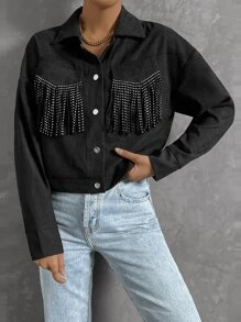 SHEIN Unity Rhinestone Fringe Trim Crop Jacket Fall Winter Cloth For Women
