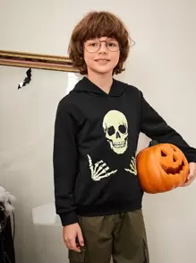 SHEIN Tween Boy Reflective Skull Print Hoodie,In Fall/Winter - Black - View 5
