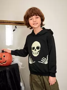 SHEIN Tween Boy Reflective Skull Print Hoodie,In Fall/Winter - Black - View 4