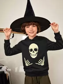 SHEIN Tween Boy Reflective Skull Print Hoodie,In Fall/Winter - Black - View 3