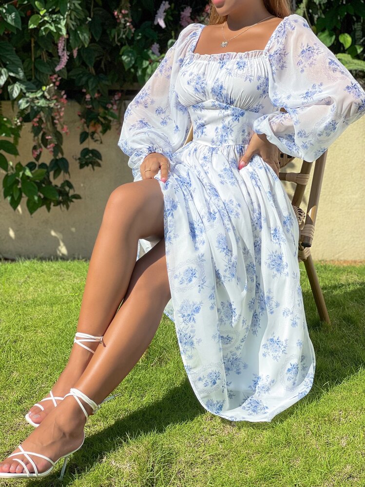 SHEIN Holidaya Robe longue en mousseline de soie avec imprimé floral tout-sur-tout, manches lanternes, buste froncé. Tenue de vacances et de plage pour femmes - Blanc - Voir 4
