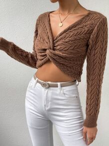 SHEIN Essnce Cable Knit Twist Front Crop Jumper - Mocha Brown - View 4