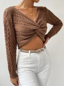 SHEIN Essnce Cable Knit Twist Front Crop Jumper - Mocha Brown - View 5