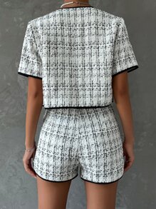 SHEIN Essnce 格紋撞色滾邊夾克和短褲 - 黑與白 - 查看 2