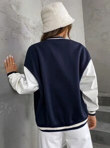 SHEIN Unity Dragon & Letter Graphic Drop Shoulder Two Tone Bomber Jacket - Blue and White - View 2