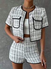 SHEIN Essnce 格紋撞色滾邊夾克和短褲 - 黑與白 - 查看 3