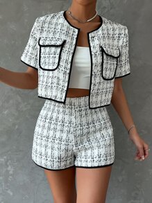 SHEIN Essnce 格紋撞色滾邊夾克和短褲 - 黑與白 - 查看 6
