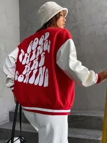 SHEIN Unity Slogan Graphic Two Tone Drop Shoulder Bomber Jacket - Red and White - View 1