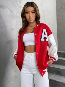 SHEIN Unity Slogan Graphic Two Tone Drop Shoulder Bomber Jacket - Red and White - View 4