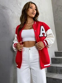 SHEIN Unity Slogan Graphic Two Tone Drop Shoulder Bomber Jacket - Red and White - View 5