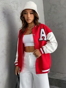 SHEIN Unity Slogan Graphic Two Tone Drop Shoulder Bomber Jacket - Red and White - View 6