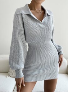 SHEIN Essnce Ribbed Knit Drop Shoulder Jumper Dress - Light Grey - View 1