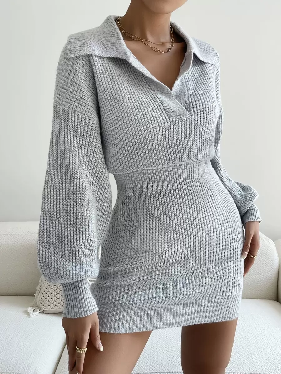 SHEIN Essnce Ribbed Knit Drop Shoulder Jumper Dress - Light Grey - View 1