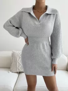 SHEIN Essnce Ribbed Knit Drop Shoulder Jumper Dress - Light Grey - View 3