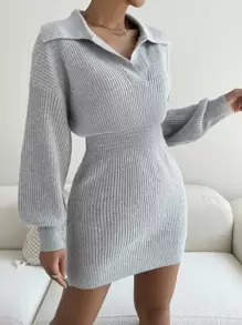 SHEIN Essnce Ribbed Knit Drop Shoulder Jumper Dress - Light Grey - View 5