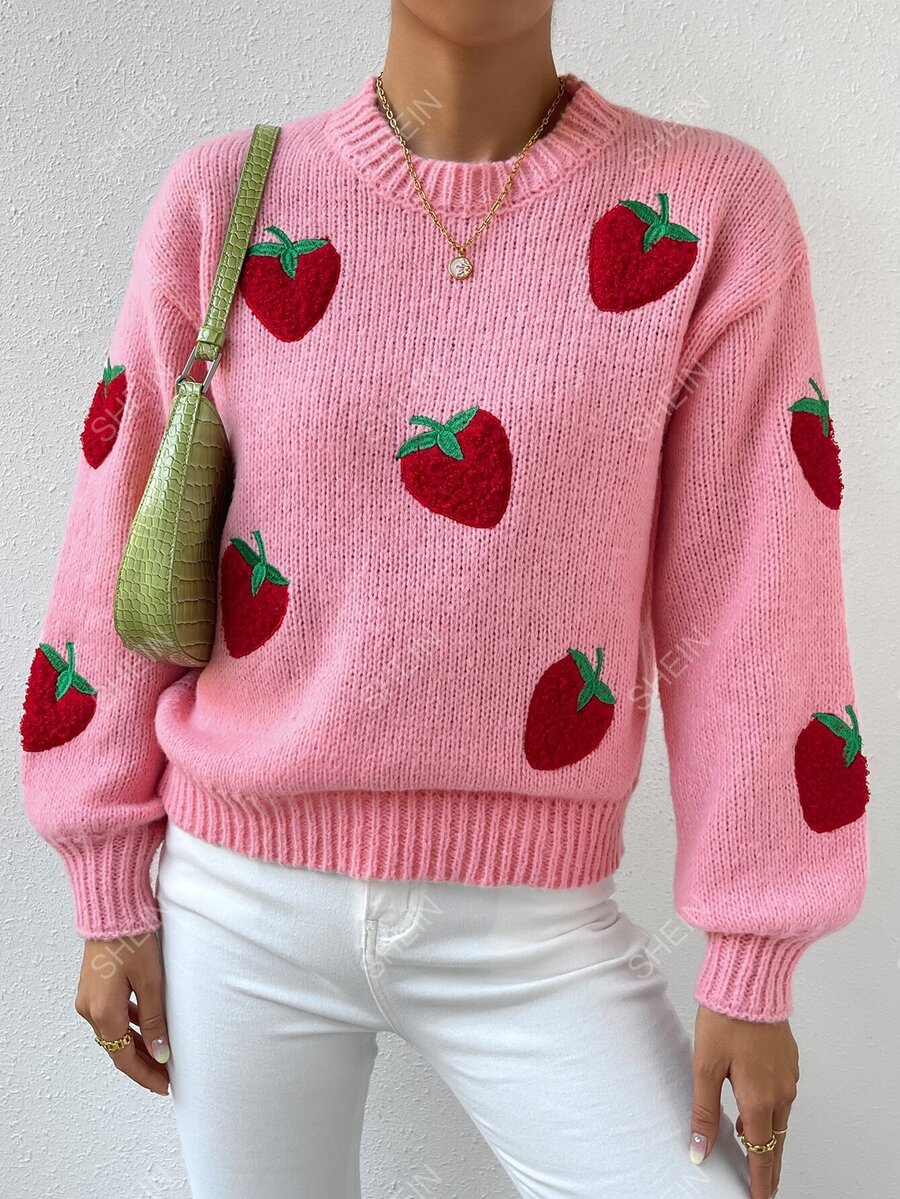 SHEIN Qutie Strawberry Embroidery Drop Shoulder Jumper SHEIN UK