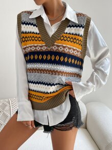Flirla 1pc Geo Pattern Sweater Vest - Multicolor - View 3