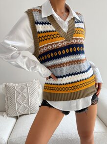 Flirla 1pc Geo Pattern Sweater Vest - Multicolor - View 5
