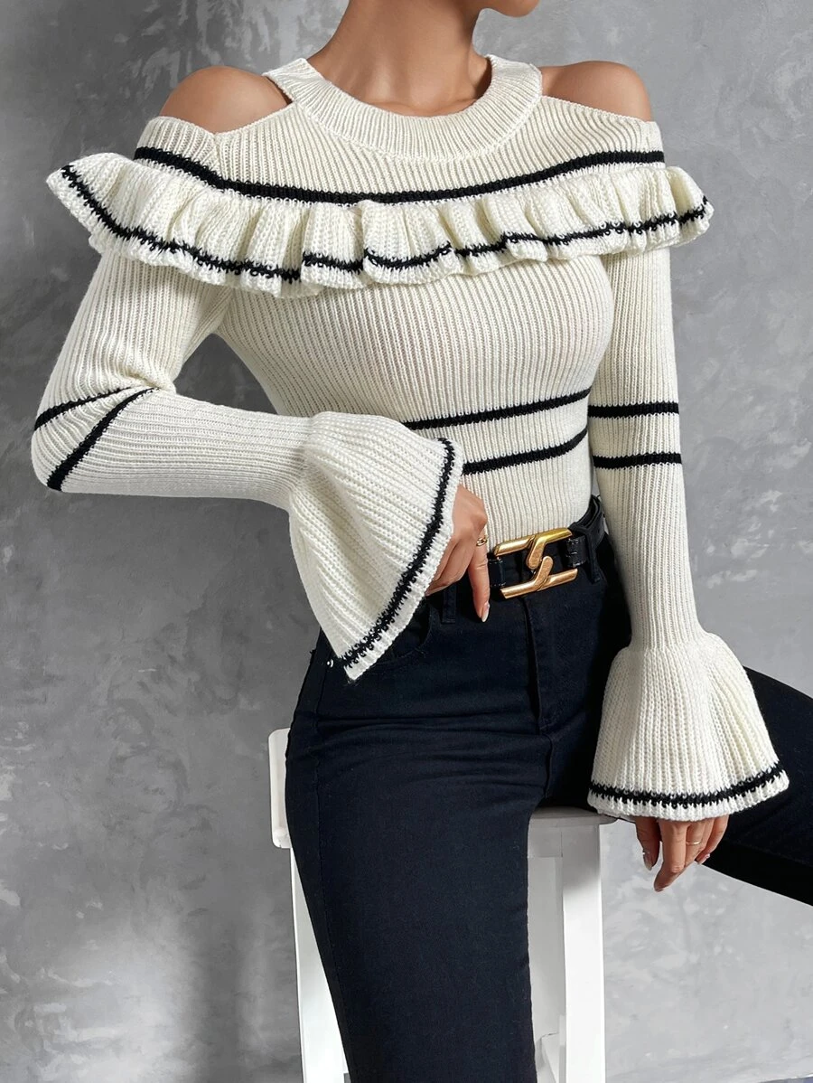 SHEIN Privé Stripe Pattern Cold Shoulder Ruffle Trim Flounce Sleeve Jumper - Multicolor - View 1