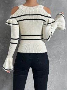 SHEIN Privé Stripe Pattern Cold Shoulder Ruffle Trim Flounce Sleeve Jumper - Multicolor - View 2