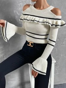 SHEIN Privé Stripe Pattern Cold Shoulder Ruffle Trim Flounce Sleeve Jumper - Multicolor - View 4
