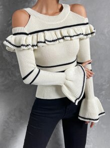 SHEIN Privé Stripe Pattern Cold Shoulder Ruffle Trim Flounce Sleeve Jumper - Multicolor - View 5