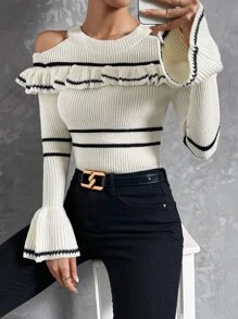SHEIN Privé Stripe Pattern Cold Shoulder Ruffle Trim Flounce Sleeve Jumper - Multicolor - View 6