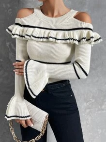 SHEIN Privé Stripe Pattern Cold Shoulder Ruffle Trim Flounce Sleeve Jumper - Multicolor - View 7