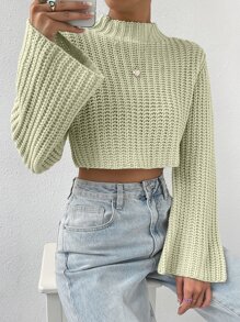 SHEIN Unity 高领喇叭袖短款毛衣，长袖针织套头衫，秋冬款 - 薄荷綠 - 查看 4