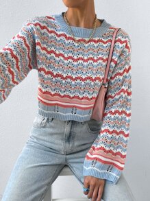 Flirla 人字形图案镂空针织落肩毛衣、长袖上衣 - 彩色 - 查看 1