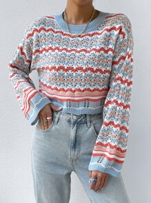 Flirla 人字形图案镂空针织落肩毛衣、长袖上衣 - 彩色 - 查看 6