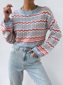Flirla 人字形图案镂空针织落肩毛衣、长袖上衣 - 彩色 - 查看 8