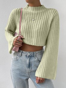 SHEIN Unity 高领喇叭袖短款毛衣，长袖针织套头衫，秋冬款 - 薄荷綠 - 查看 6