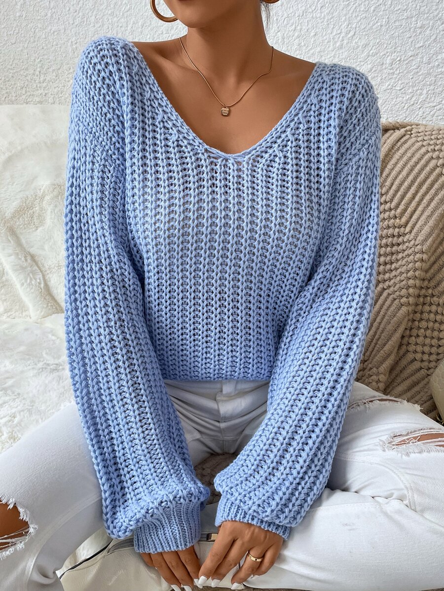 SHEIN Essnce Jersey tejido de canalé de hombros caídos - Celeste - Ver 1