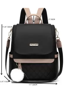 Lightweight Quilted Anti-Theft Backpack, Multiple Pockets, Embroidered Design, High-Quality Women's Travel Backpack. Women's Coin Purse, Waterproof Casual Backpack With Fur Ball Pendant, Women's Shopping Shoulder Bag, Fashion Backpack, Suitable For Girls, Elementary Students, Middle School Students, College Freshmen And Sophomores, Graduates, Mom Backpack. - Black - View 5